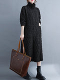 Aovica-Casual Long Sleeves Loose Solid Color Textured High-Neck Cotton Padded Midi Dresses