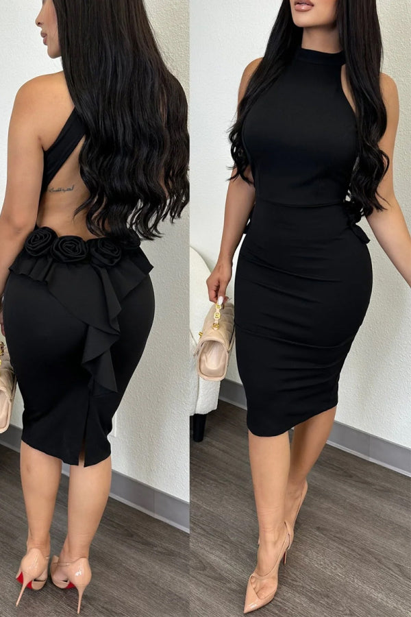 AovicaBlack Sexy Casual Sweet Daily Party Elegant Backless Solid Color Halter Dresses