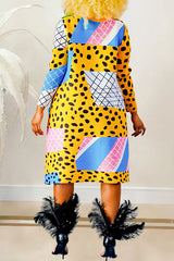 Aovica- Yellow Casual Print Patchwork Mandarin Collar Long Sleeve Dresses