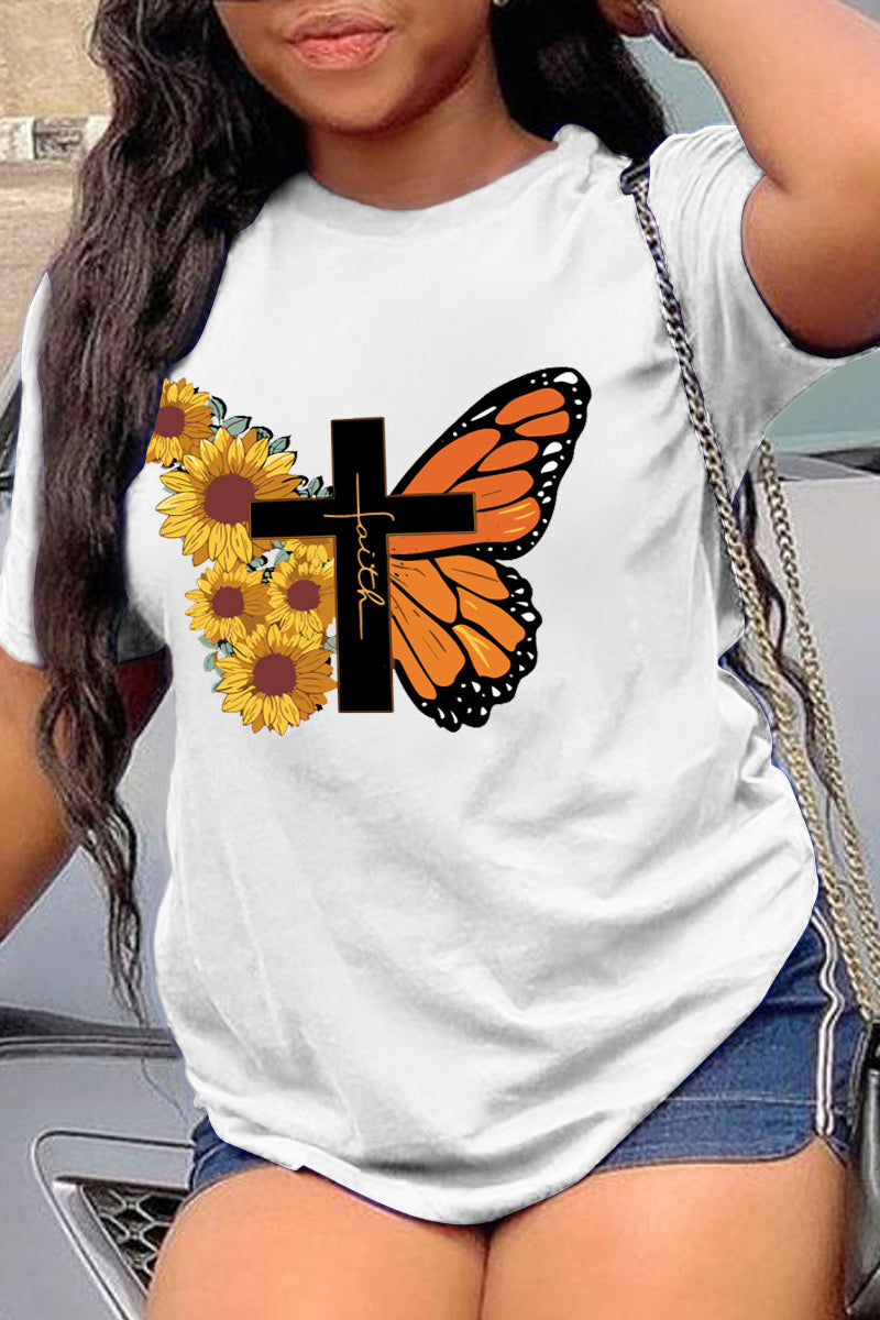 Aovica-Casual Street Print Butterfly Print Patchwork O Neck T-Shirts