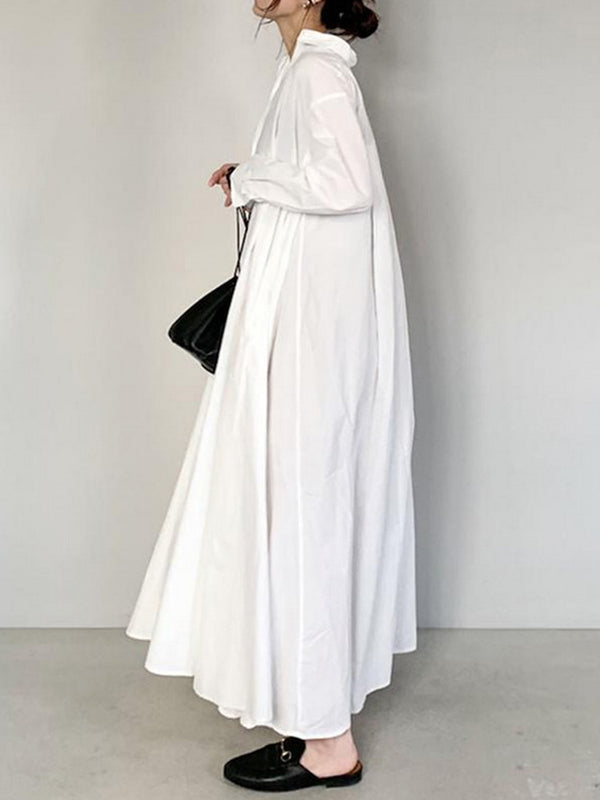 Aovica-Long Sleeves Loose Solid Color Lapel Maxi Dresses Shirt Dress