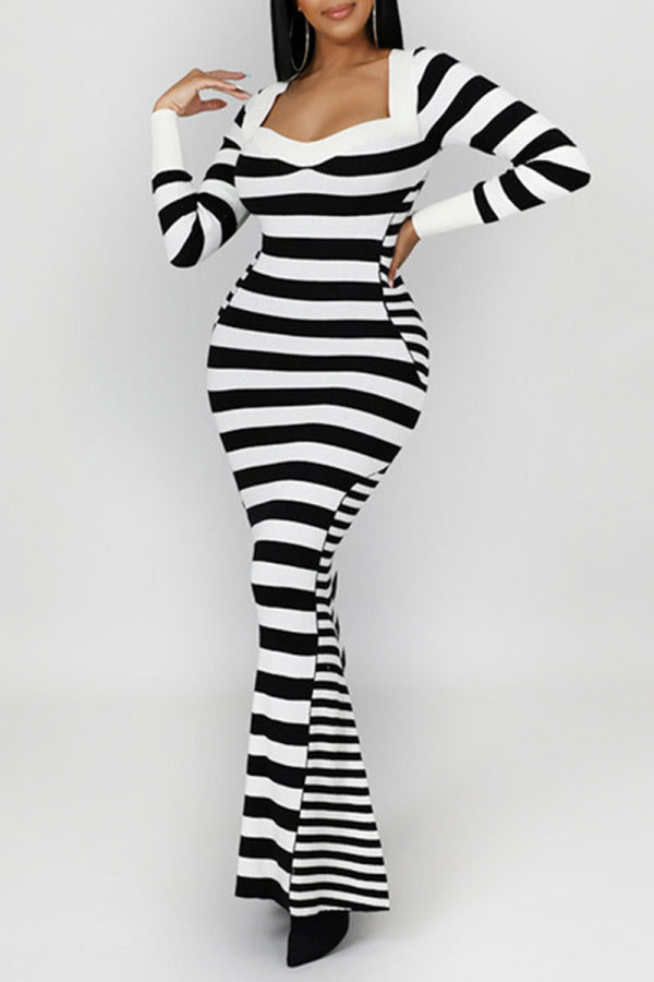 Aovica- Black And White Casual Striped Print Patchwork Square Collar Long Sleeve Dresses