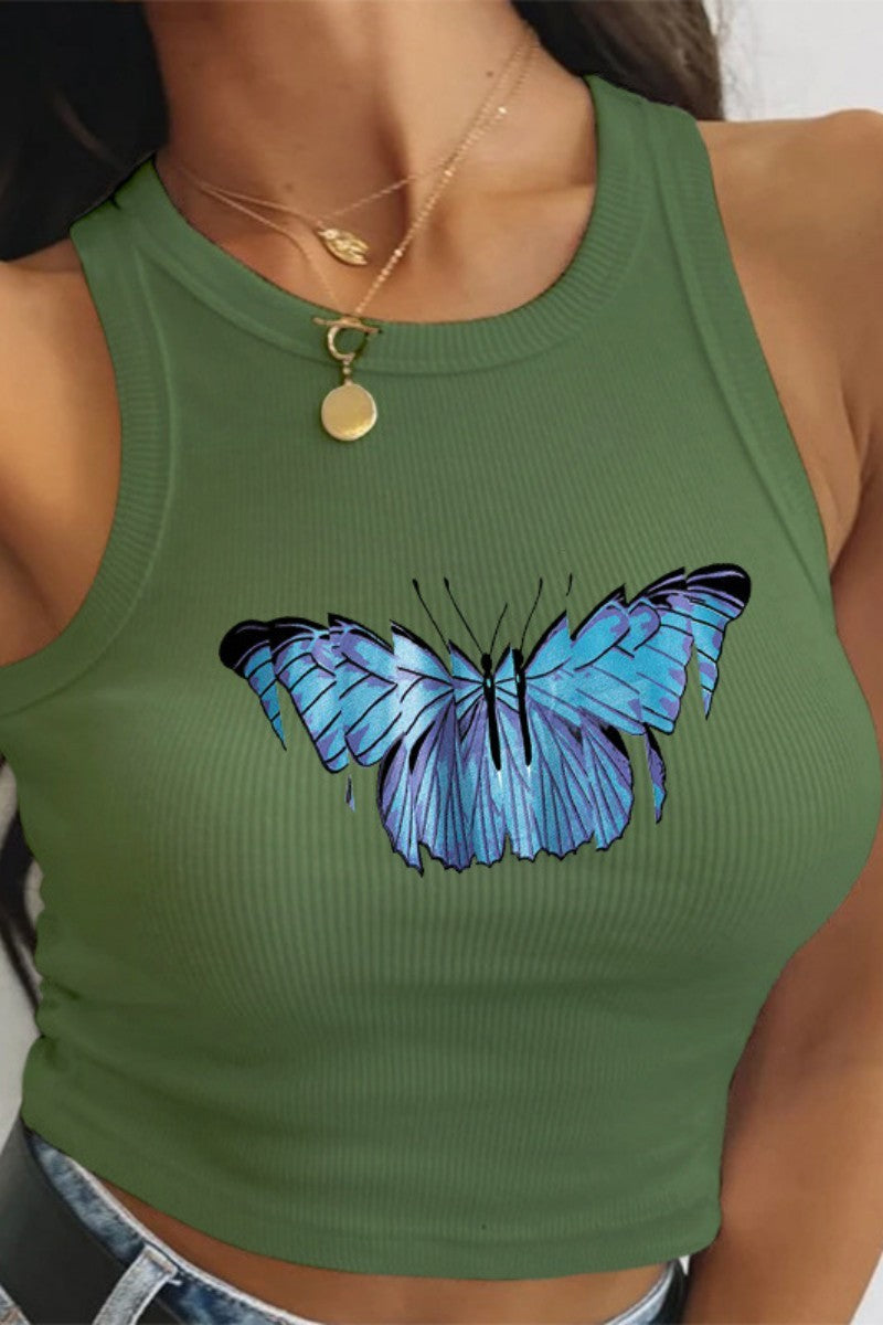 Aovica- Cream White Casual Butterfly Print Basic O Neck Tops