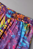 Fuchsia Casual Print Basic Plus Size High Waist Trousers