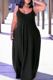 Aovica-Black Sexy Casual Plus Size Solid Backless Spaghetti Strap Long Dress