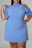 Aovica-Light Blue Fashion Casual Plus Size Solid Hollowed Out Turtleneck Short Sleeve Dress