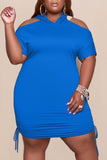 Aovica-Blue Fashion Casual Plus Size Solid Hollowed Out V Neck Short Sleeve Dress