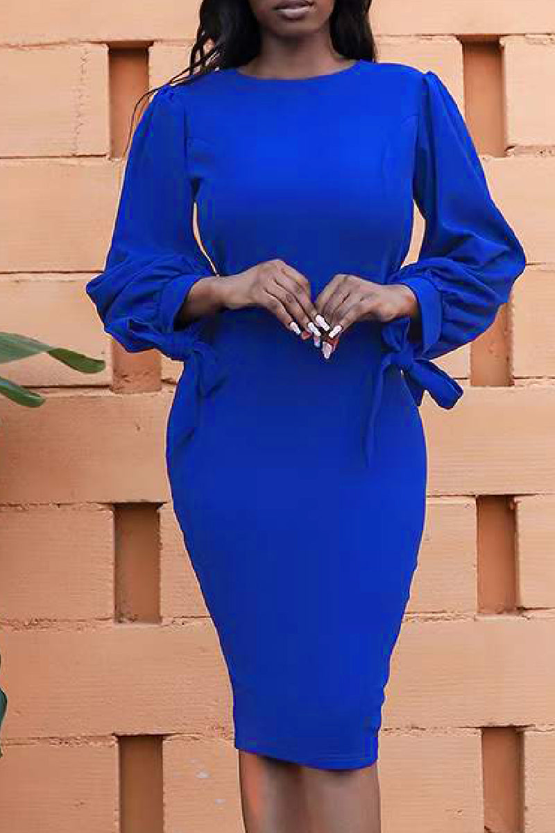 Aovica- Colorful Blue Casual Solid Frenulum O Neck Long Sleeve Dresses