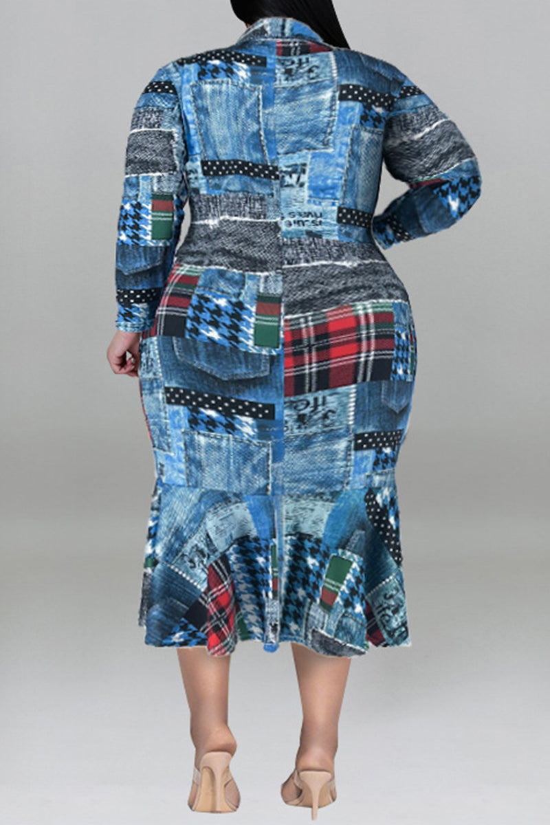 Green Casual Print Patchwork Turndown Collar Long Sleeve Plus Size Dresses