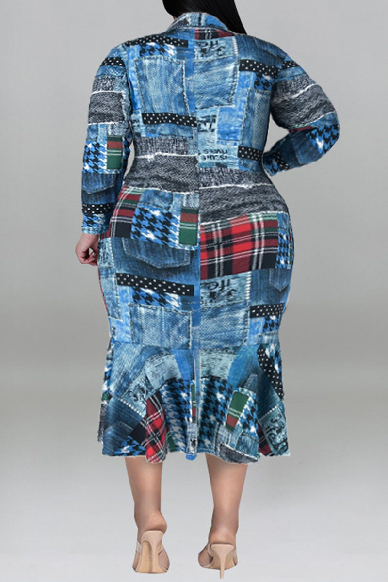 Light Blue Casual Print Patchwork Turndown Collar Long Sleeve Plus Size Dresses