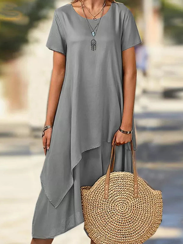 Aovica-Plus Size Short Sleeves Asymmetric Solid Color Split-Joint Round-Neck Midi Dresses