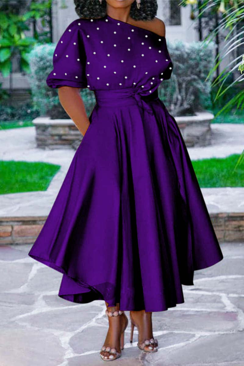 AOVICA-Plus Size Purple Elegant Solid Pearl Decor Lace Up Flared With Pockets Midi Dress