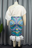 White Casual Print Patchwork Oblique Collar Short Sleeve Two Pieces