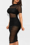 AovicaBlack Sexy Solid Patchwork See-through Fold O Neck Pencil Skirt Dresses(Three Pieces)