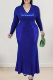 Aovica-Blue Sexy Solid Sequins Patchwork V Neck Long Sleeve Plus Size Dresses