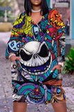 Halloween Costume Multicolor Casual Print V Neck Long Sleeve Dresses