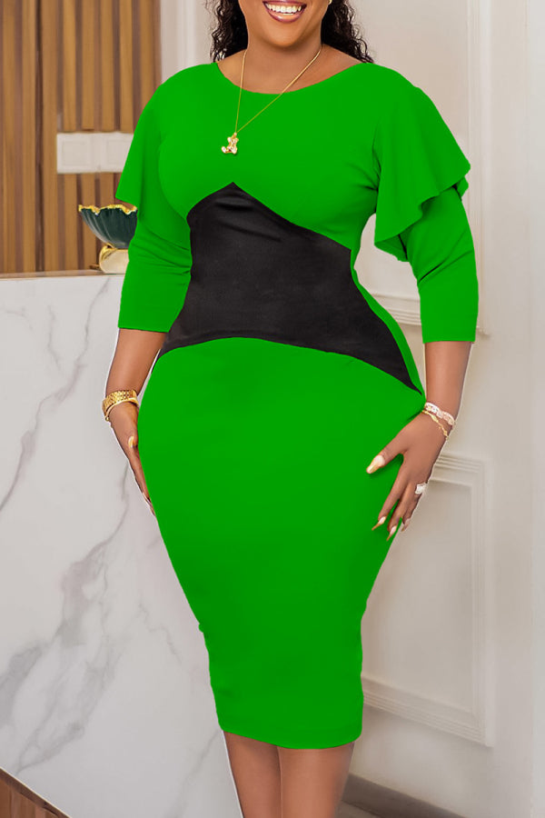 Aovica- Green Casual Patchwork Contrast O Neck Long Sleeve Dresses