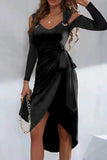 Aovica- Black Casual Solid Frenulum V Neck Long Sleeve Dresses