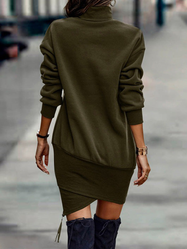 Aovica-Casual Long Sleeves Solid Color High-Neck Mini Dresses
