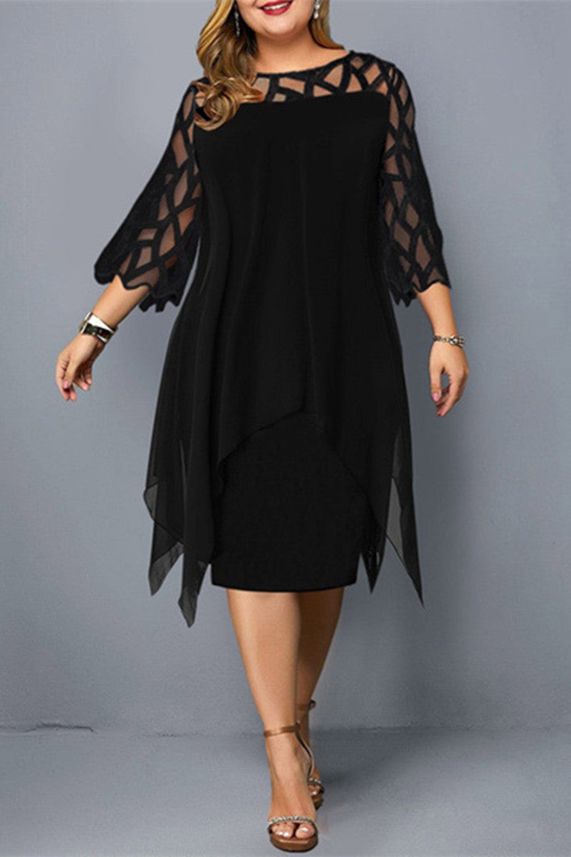 Aovica-Black Casual Solid Patchwork O Neck One Step Skirt Plus Size Dresses