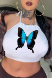 AOVICA-2024 Spring Summer Outfits  White Sexy Butterfly Print Patchwork Halter Tops