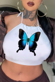 Aovica- White Sexy Butterfly Print Patchwork Halter Tops