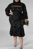 Blue Sexy Casual Print Leopard Hollowed Out Turtleneck Plus Size Two Pieces