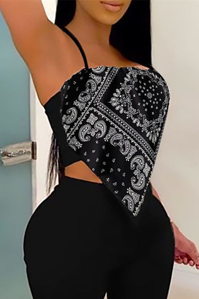 Aovica- Black Fashion Sexy Print Patchwork Backless Asymmetrical Spaghetti Strap Tops