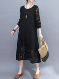 Aovica-A-Line Long Sleeves Hollow Round-Neck Midi Dresses