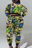 Green Casual Sweet Print Patchwork O Neck Plus Size Two Pieces
