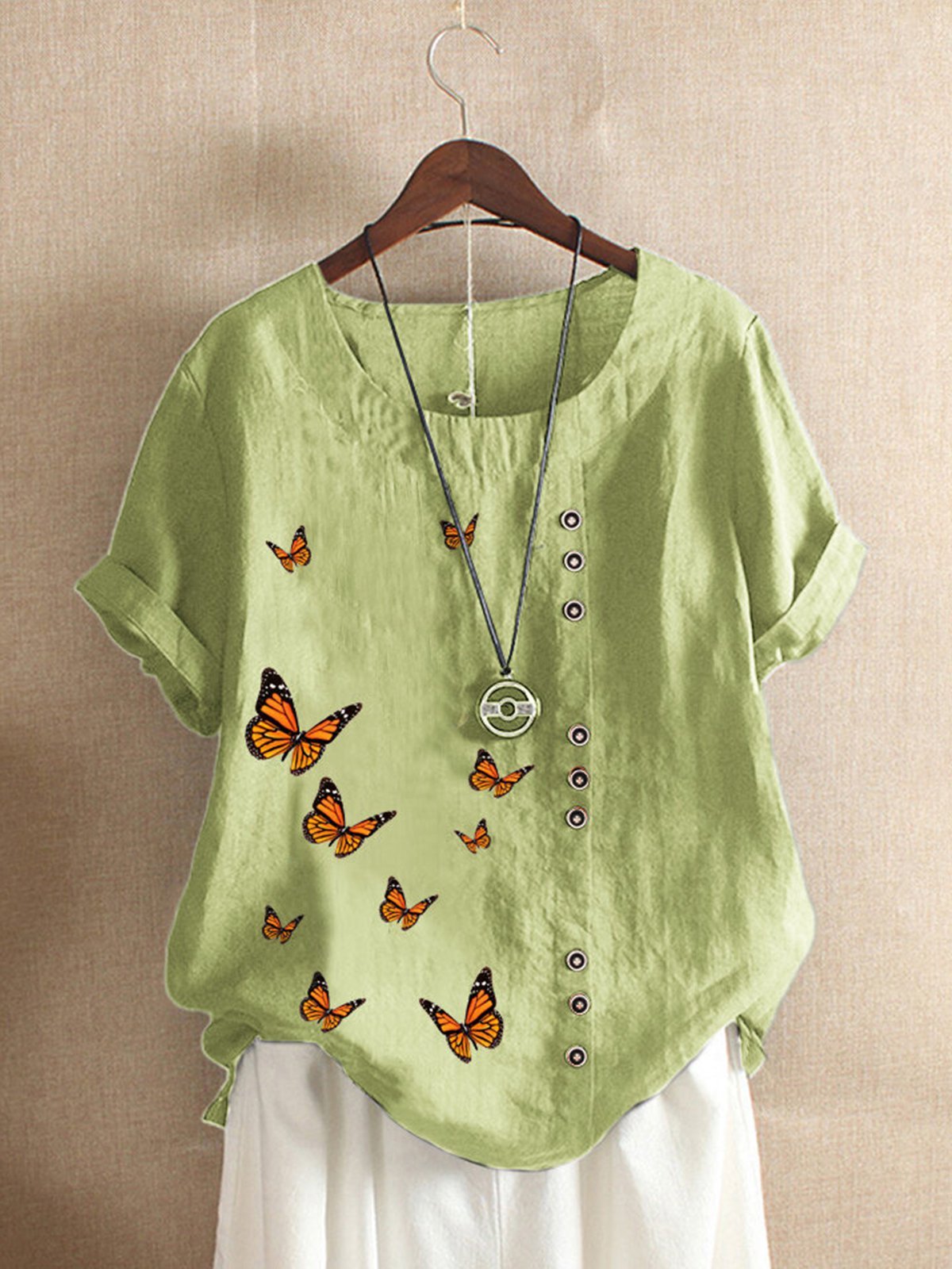 Aovica-Vintage Casual Plus Size Butterflies Print Shirts Tops