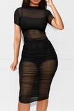 AovicaBlack Sexy Solid Patchwork See-through Fold O Neck Pencil Skirt Dresses(Three Pieces)