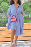 Aovica- Blue Casual Daily Simplicity Striped Shirt Collar Asymmetrical Dresses
