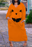 Halloween Costume Orange Black Casual Print Basic V Neck Long Sleeve Dresses