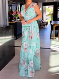Aovica-Sleeveless Floral Printed Split-Side V-Neck Maxi Dresses