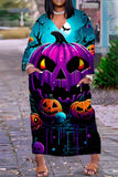 Halloween Costume Blue Purple Casual Print Basic V Neck Long Sleeve Dresses