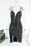 AovicaBlack Sexy Patchwork Hot Drilling Backless Slit Spaghetti Strap Sleeveless Dress Dresses