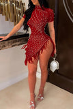 AovicaDeep Red Sexy Patchwork Hot Drilling Tassel Beading Turtleneck Short Sleeve Dress Dresses