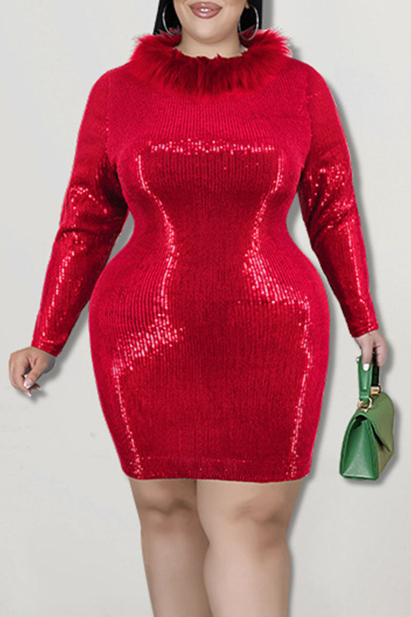 Aovica-Red Fashion Sexy Solid Sequins Patchwork Feathers O Neck One Step Skirt Plus Size Dresses