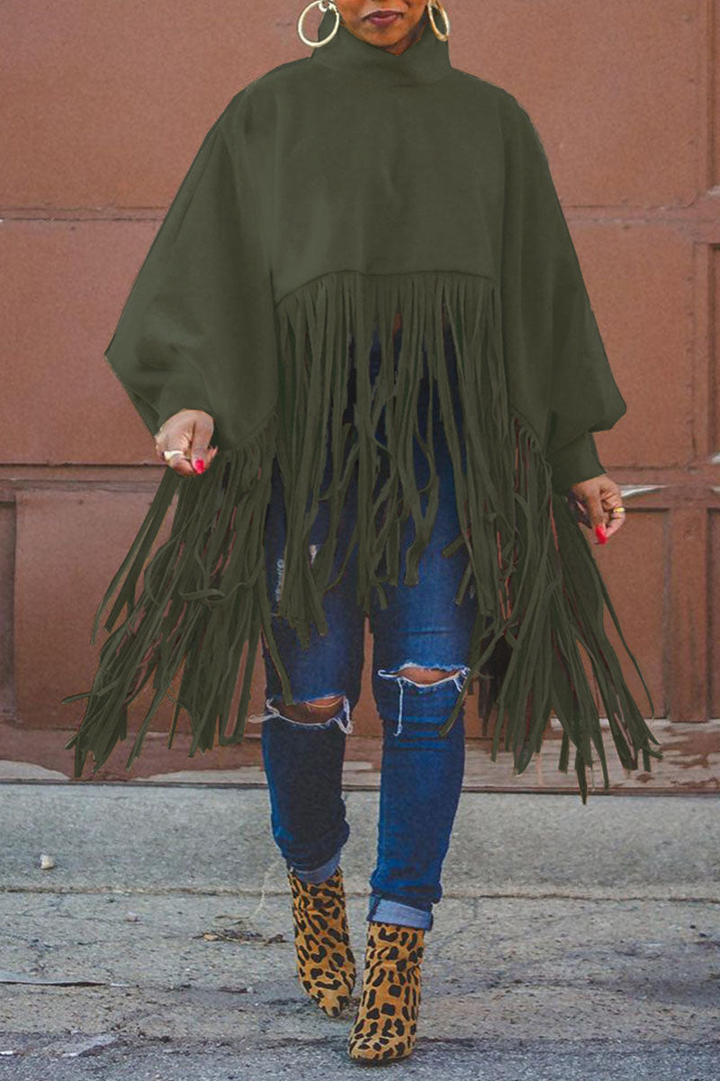 Khaki Fashion Vintage Solid Tassel Turtleneck Plus Size Overcoat