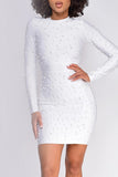 Aovica- White Casual Solid Patchwork Beading O Neck Long Sleeve Dresses