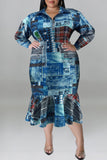 Green Casual Print Patchwork Turndown Collar Long Sleeve Plus Size Dresses