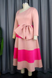 Aovica- Pink Casual Striped Patchwork With Bow Oblique Collar A Line Dresses