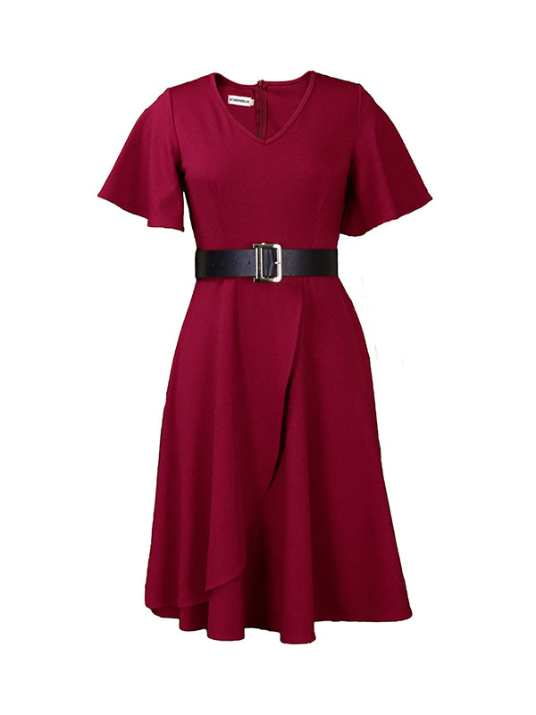 Aovica-Irregular Clipping Plus Size Belted Solid Color Round-Neck Midi Dresses