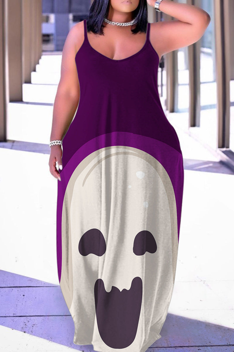 Halloween Costume Purple Casual Print Backless Spaghetti Strap Long Dress Dresses
