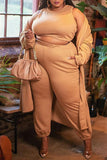 Aovica-Khaki Fashion Casual Solid Cardigan Vests Pants O Neck Plus Size Three-piece Set