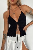 Aovica- Black Sexy Casual Solid Frenulum Backless Halter Tops