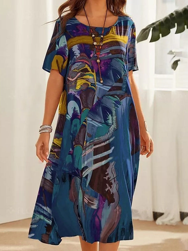 Aovica-A-Line Loose Printed Round-Neck Midi Dresses