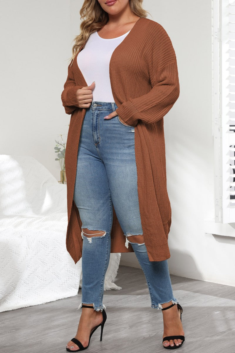 Brown Casual Solid Cardigan Plus Size Overcoat