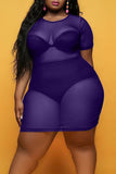 Aovica-Purple Sexy Solid Patchwork See-through O Neck Straight Plus Size Dresses